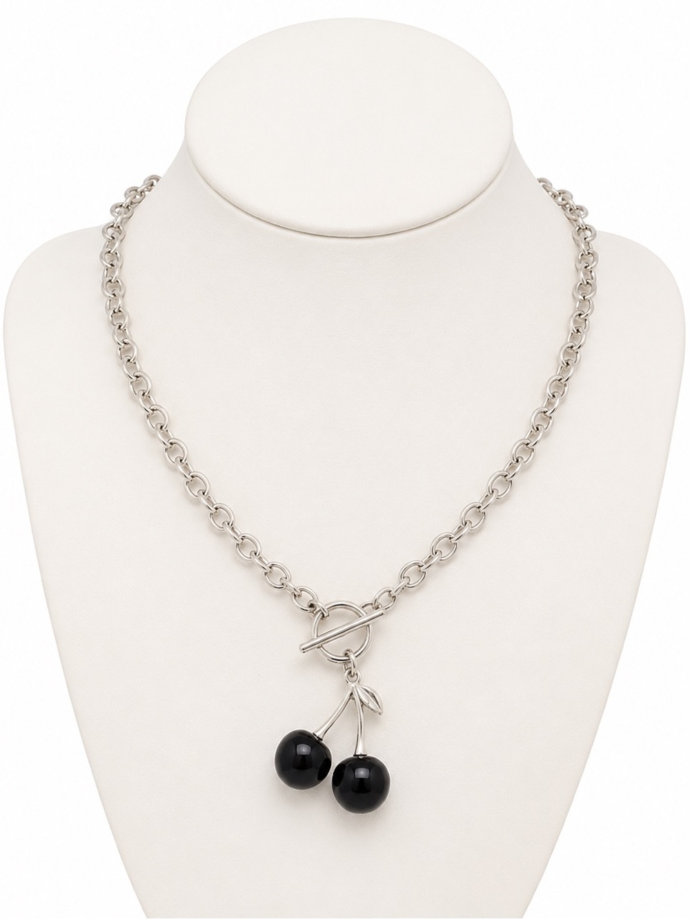 Black Cherry Pendant Chain Necklace Silver Tone Toggle Clasp